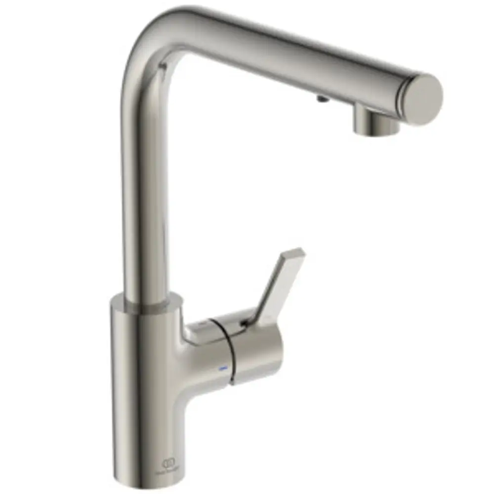 Küchenarmatur aus Edelstahl mit Auslauf und Seifenspender. Das Design stammt von Ideal Standard und ist für moderne Küchen geeignet.